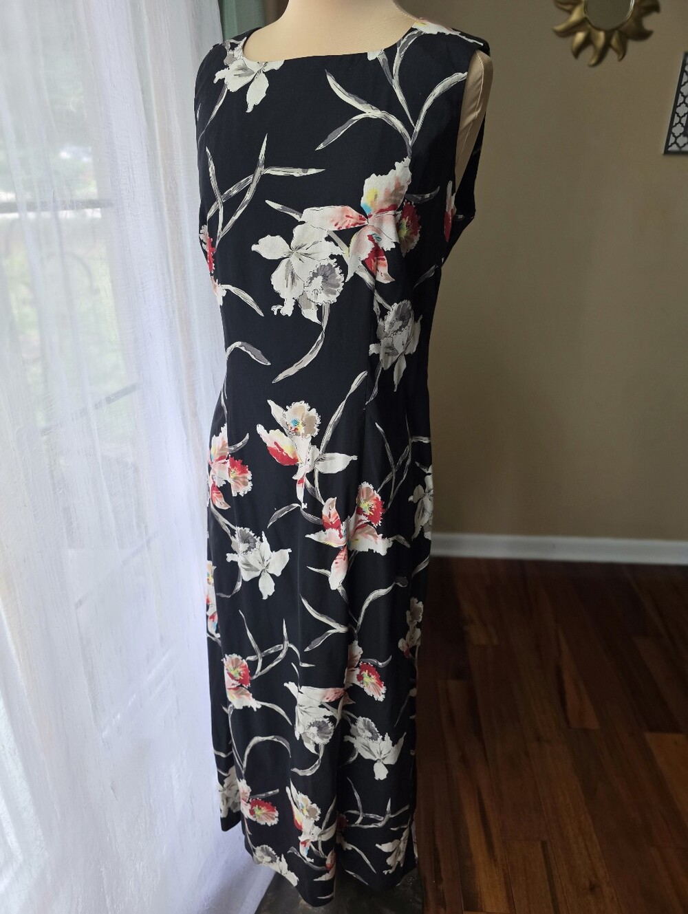 Norm Thompson 100% Silk Black Floral Maxi Dress Vintage 90s Romantic Medium
